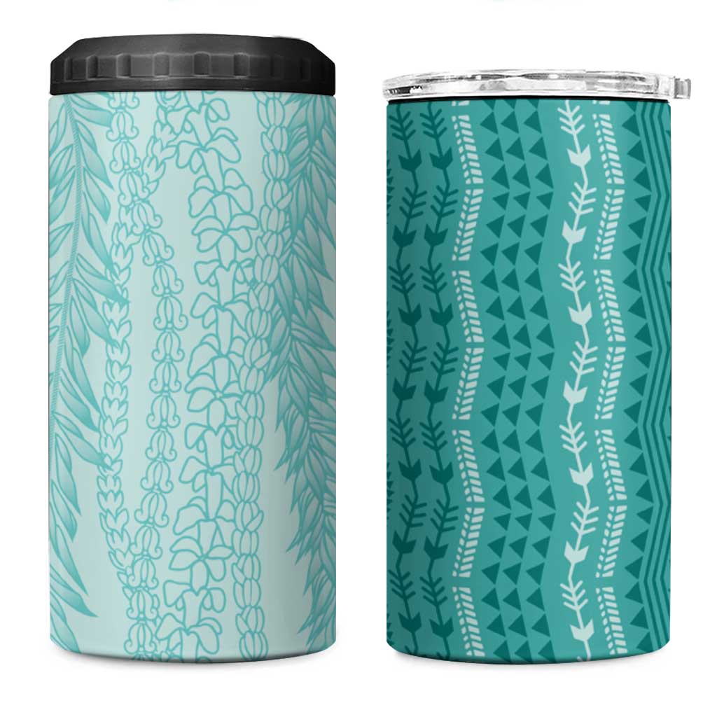 Vintage Teal Hawaiian Traditional Kapa Mix Flowers Lei 4 in 1 Can Cooler Tumbler