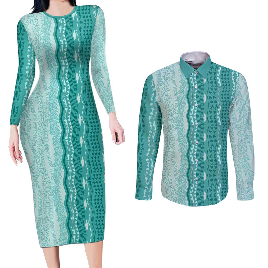 Vintage Teal Hawaiian Traditional Kapa Mix Flowers Lei Couples Matching Long Sleeve Bodycon Dress and Long Sleeve Button Shirt LT7 Teal - Polynesian Pride