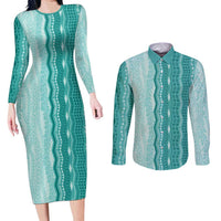 Vintage Teal Hawaiian Traditional Kapa Mix Flowers Lei Couples Matching Long Sleeve Bodycon Dress and Long Sleeve Button Shirt LT7 Teal - Polynesian Pride