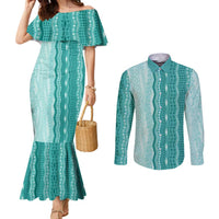 Vintage Teal Hawaiian Traditional Kapa Mix Flowers Lei Couples Matching Mermaid Dress and Long Sleeve Button Shirt LT7 Teal - Polynesian Pride
