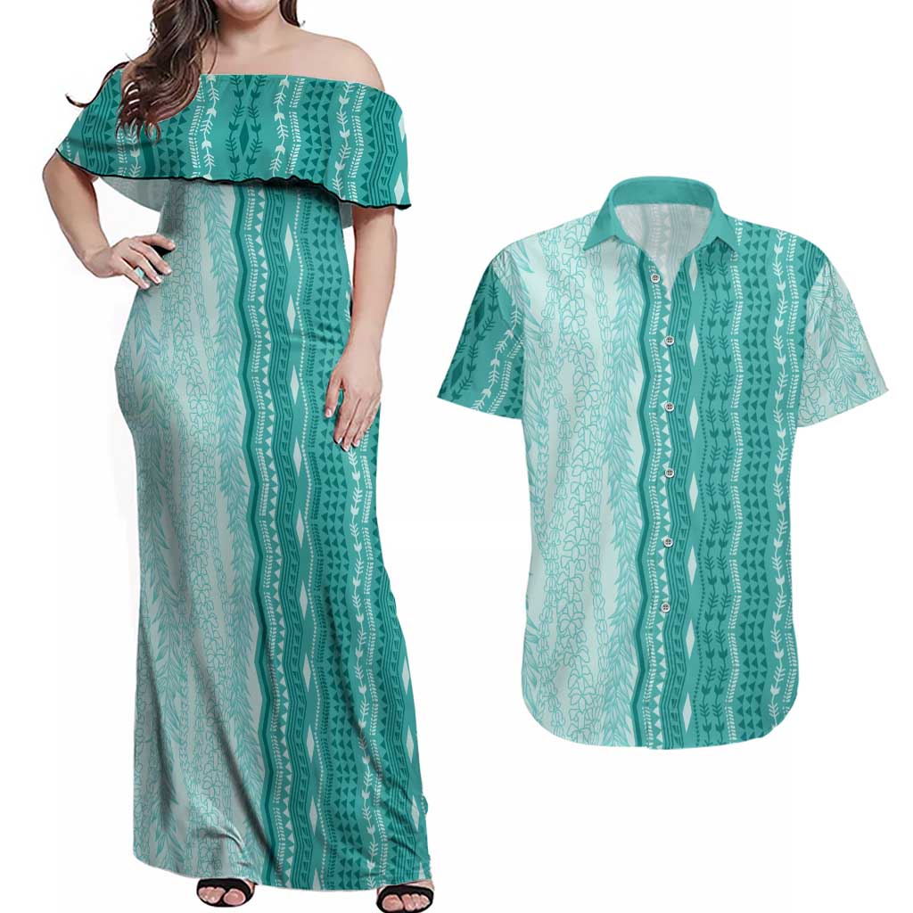 Vintage Teal Hawaiian Traditional Kapa Mix Flowers Lei Couples Matching Off Shoulder Maxi Dress and Hawaiian Shirt LT7 Teal - Polynesian Pride