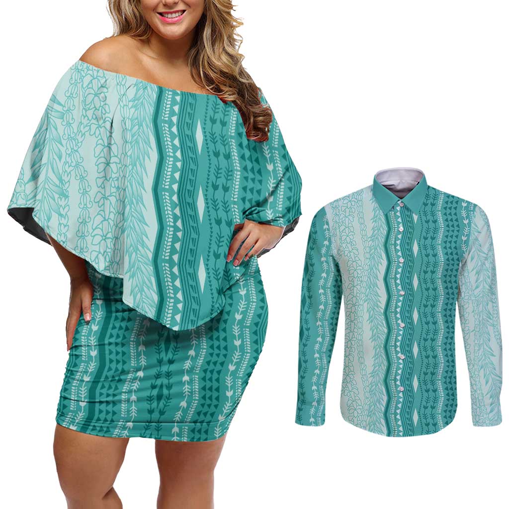 Vintage Teal Hawaiian Traditional Kapa Mix Flowers Lei Couples Matching Off Shoulder Short Dress and Long Sleeve Button Shirt