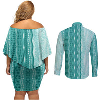 Vintage Teal Hawaiian Traditional Kapa Mix Flowers Lei Couples Matching Off Shoulder Short Dress and Long Sleeve Button Shirt