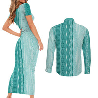 Vintage Teal Hawaiian Traditional Kapa Mix Flowers Lei Couples Matching Short Sleeve Bodycon Dress and Long Sleeve Button Shirt LT7 - Polynesian Pride
