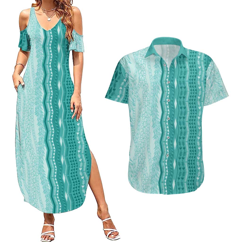 Vintage Teal Hawaiian Traditional Kapa Mix Flowers Lei Couples Matching Summer Maxi Dress and Hawaiian Shirt LT7 Teal - Polynesian Pride