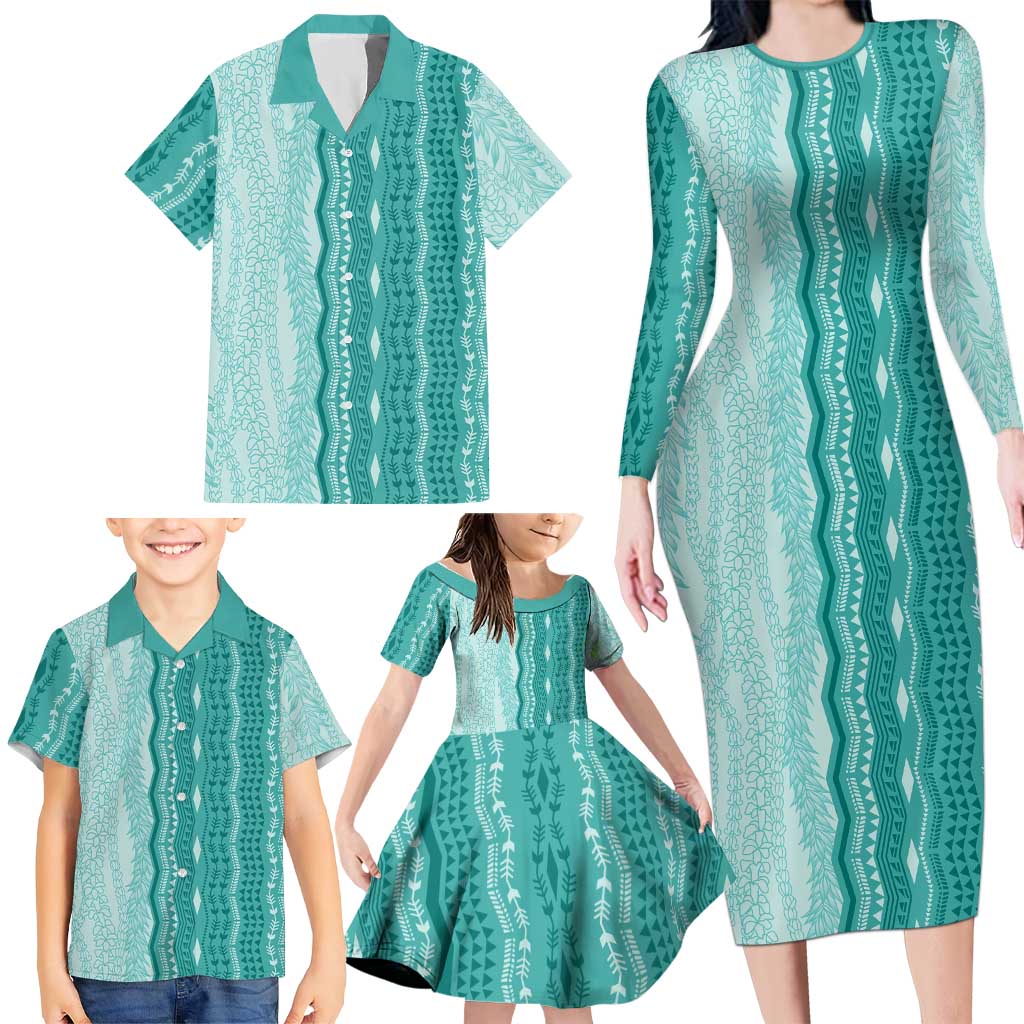 Vintage Teal Hawaiian Traditional Kapa Mix Flowers Lei Family Matching Long Sleeve Bodycon Dress and Hawaiian Shirt LT7 - Polynesian Pride