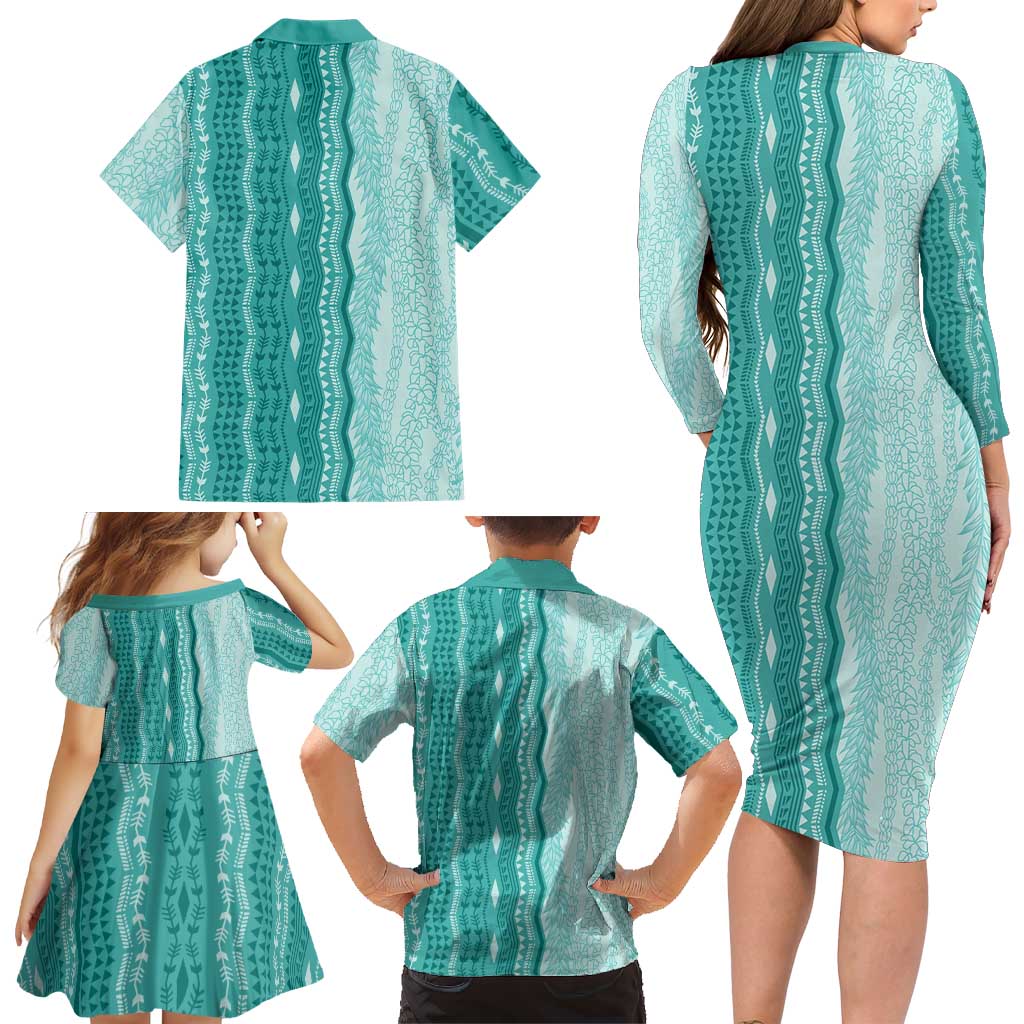 Vintage Teal Hawaiian Traditional Kapa Mix Flowers Lei Family Matching Long Sleeve Bodycon Dress and Hawaiian Shirt LT7 - Polynesian Pride