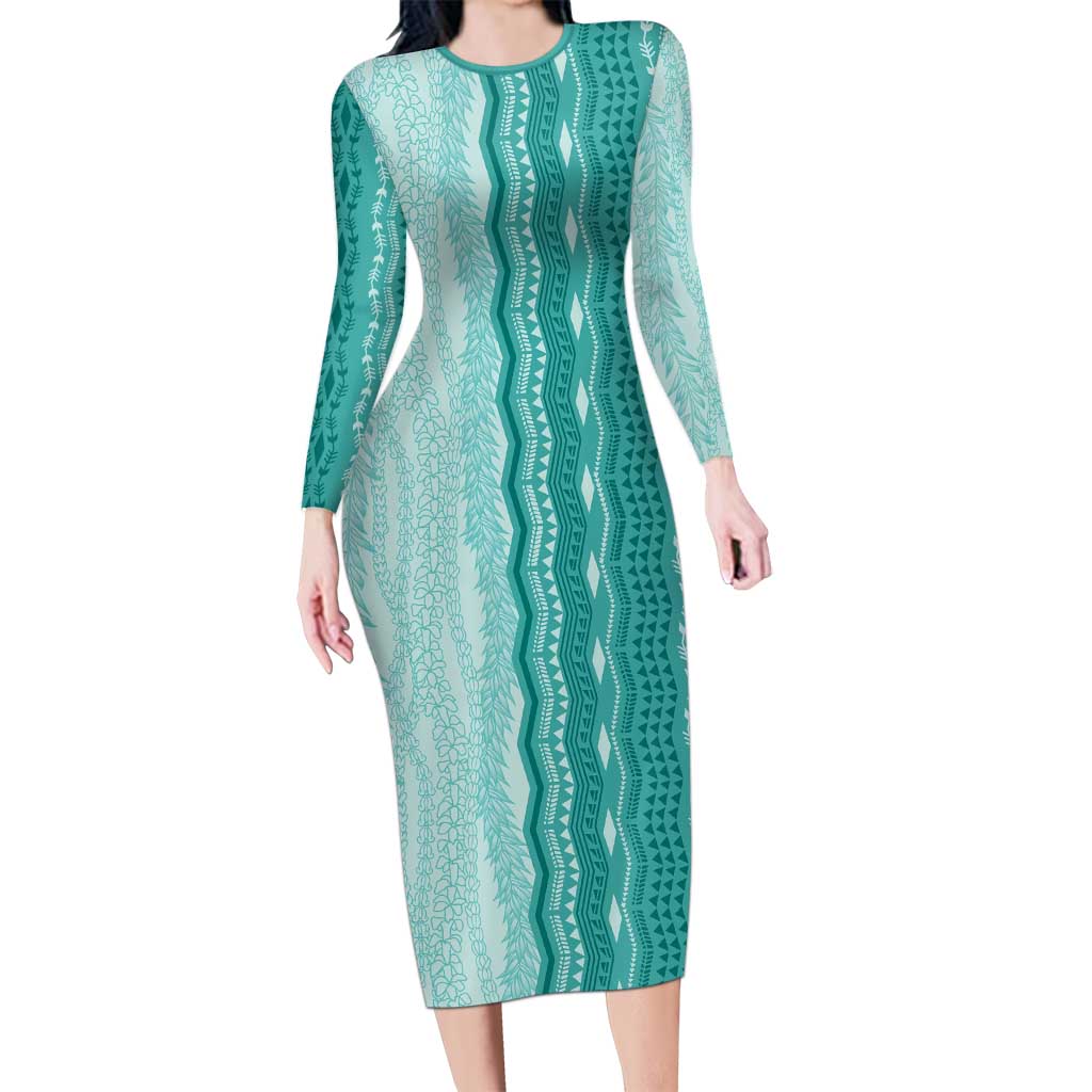Vintage Teal Hawaiian Traditional Kapa Mix Flowers Lei Family Matching Long Sleeve Bodycon Dress and Hawaiian Shirt LT7 Mom's Dress Teal - Polynesian Pride