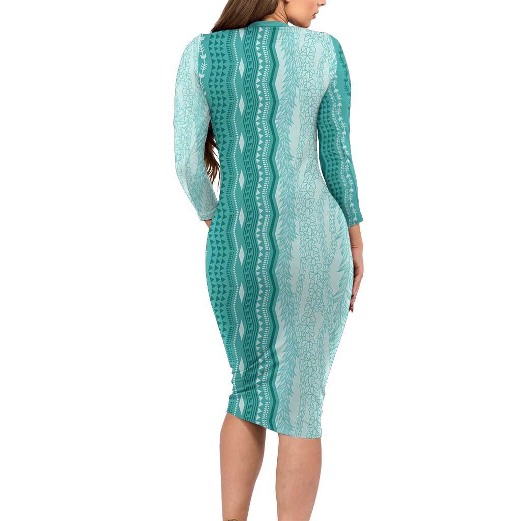 Vintage Teal Hawaiian Traditional Kapa Mix Flowers Lei Family Matching Long Sleeve Bodycon Dress and Hawaiian Shirt LT7 - Polynesian Pride