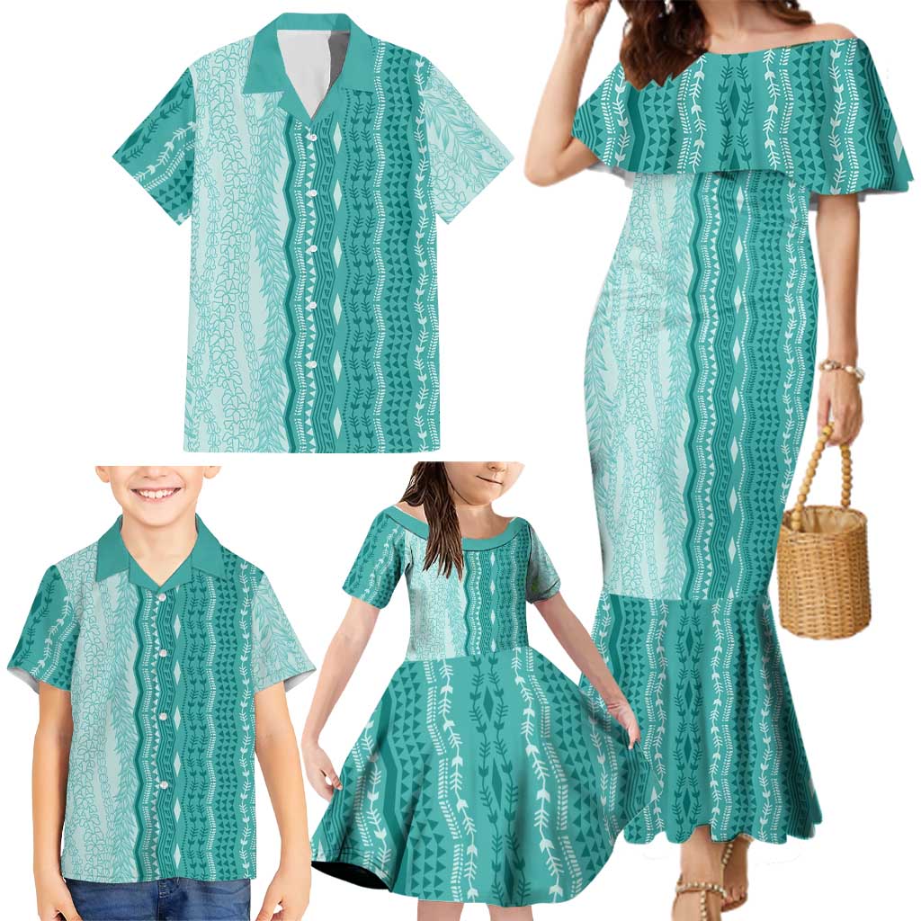 Vintage Teal Hawaiian Traditional Kapa Mix Flowers Lei Family Matching Mermaid Dress and Hawaiian Shirt LT7 - Polynesian Pride