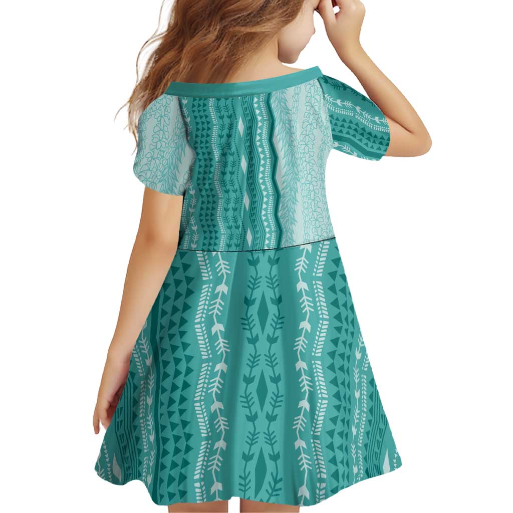 Vintage Teal Hawaiian Traditional Kapa Mix Flowers Lei Family Matching Off The Shoulder Long Sleeve Dress and Hawaiian Shirt LT7 - Polynesian Pride