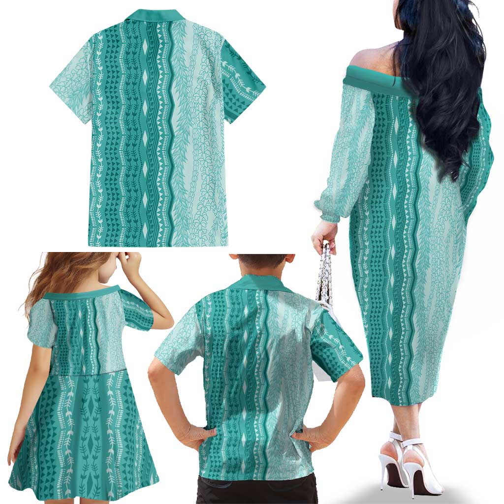 Vintage Teal Hawaiian Traditional Kapa Mix Flowers Lei Family Matching Off The Shoulder Long Sleeve Dress and Hawaiian Shirt LT7 - Polynesian Pride