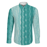 Vintage Teal Hawaiian Traditional Kapa Mix Flowers Lei Family Matching Off The Shoulder Long Sleeve Dress and Hawaiian Shirt LT7 Dad's Shirt - Long Sleeve Teal - Polynesian Pride