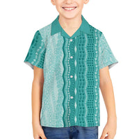 Vintage Teal Hawaiian Traditional Kapa Mix Flowers Lei Family Matching Off The Shoulder Long Sleeve Dress and Hawaiian Shirt LT7 Son's Shirt Teal - Polynesian Pride