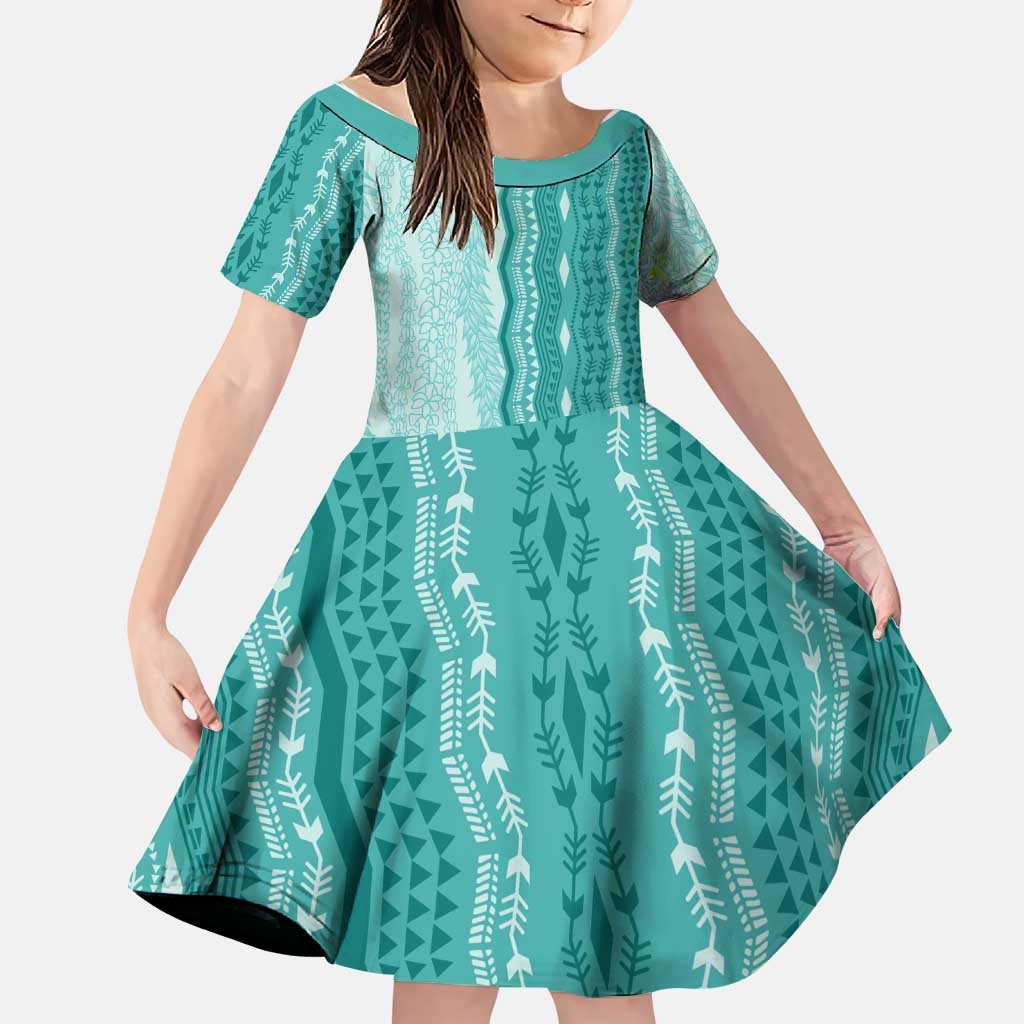 Vintage Teal Hawaiian Traditional Kapa Mix Flowers Lei Family Matching Puletasi and Hawaiian Shirt LT7 Daughter's Dress Teal - Polynesian Pride