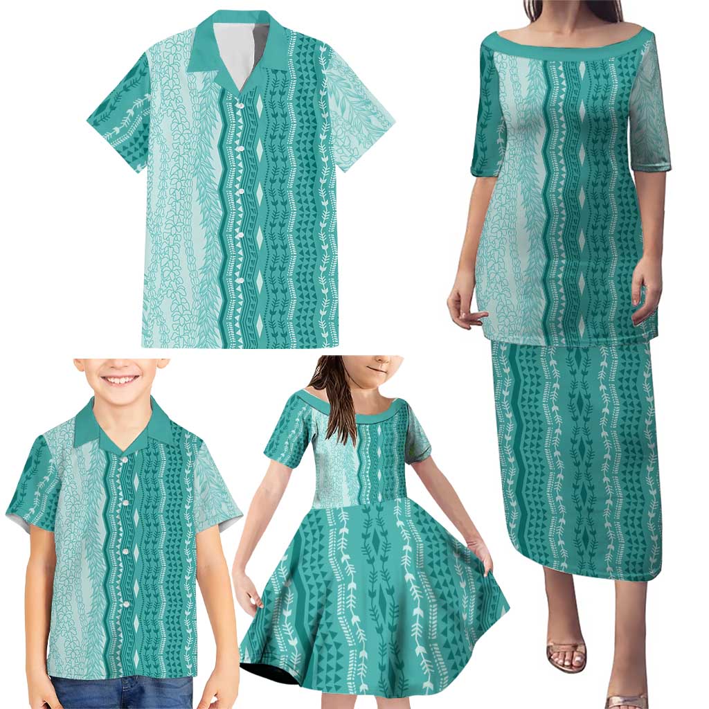Vintage Teal Hawaiian Traditional Kapa Mix Flowers Lei Family Matching Puletasi and Hawaiian Shirt