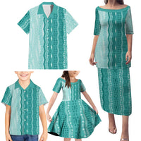 Vintage Teal Hawaiian Traditional Kapa Mix Flowers Lei Family Matching Puletasi and Hawaiian Shirt LT7 - Polynesian Pride