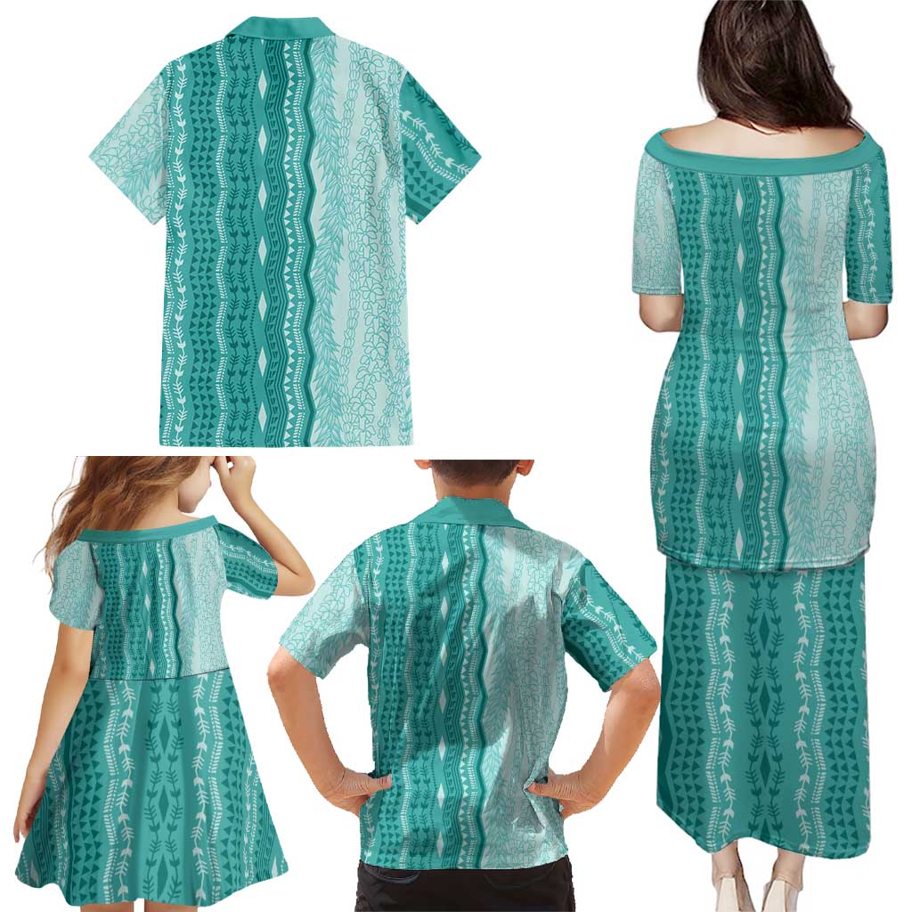 Vintage Teal Hawaiian Traditional Kapa Mix Flowers Lei Family Matching Puletasi and Hawaiian Shirt LT7 - Polynesian Pride