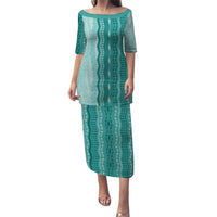 Vintage Teal Hawaiian Traditional Kapa Mix Flowers Lei Family Matching Puletasi and Hawaiian Shirt LT7 Mom's Dress Teal - Polynesian Pride