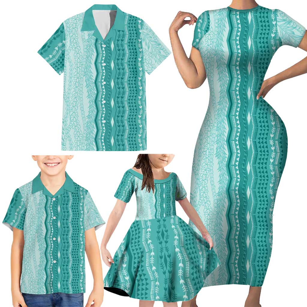 Vintage Teal Hawaiian Traditional Kapa Mix Flowers Lei Family Matching Short Sleeve Bodycon Dress and Hawaiian Shirt LT7 - Polynesian Pride