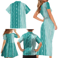Vintage Teal Hawaiian Traditional Kapa Mix Flowers Lei Family Matching Short Sleeve Bodycon Dress and Hawaiian Shirt LT7 - Polynesian Pride