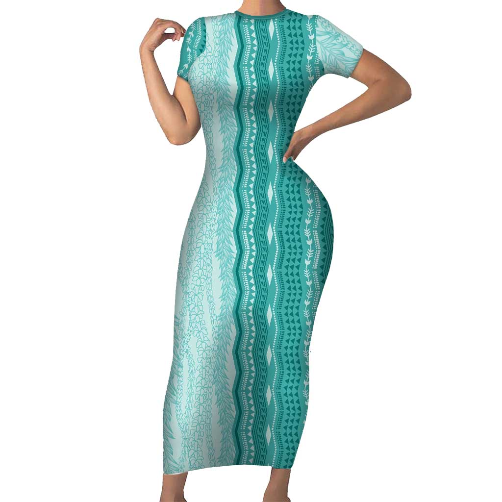 Vintage Teal Hawaiian Traditional Kapa Mix Flowers Lei Family Matching Short Sleeve Bodycon Dress and Hawaiian Shirt LT7 Mom's Dress Teal - Polynesian Pride