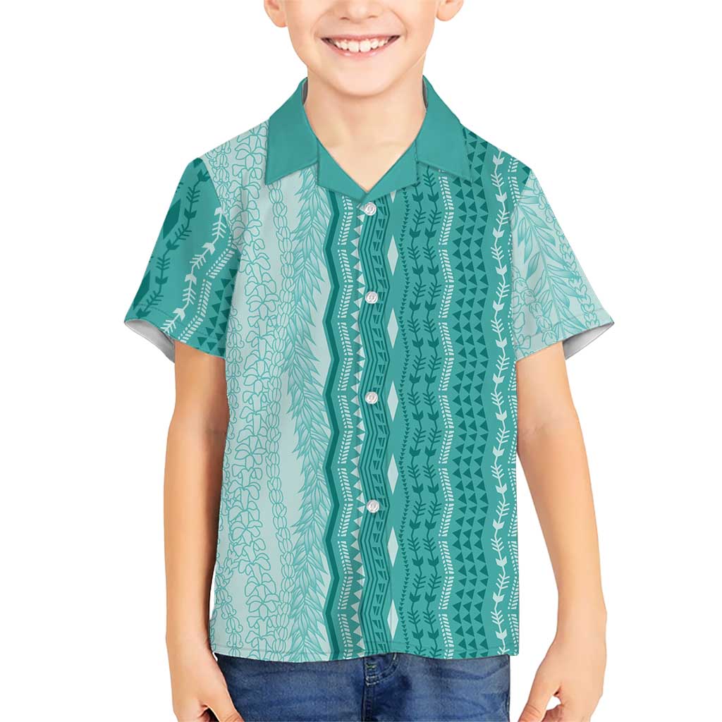 Vintage Teal Hawaiian Traditional Kapa Mix Flowers Lei Family Matching Short Sleeve Bodycon Dress and Hawaiian Shirt LT7 Son's Shirt Teal - Polynesian Pride
