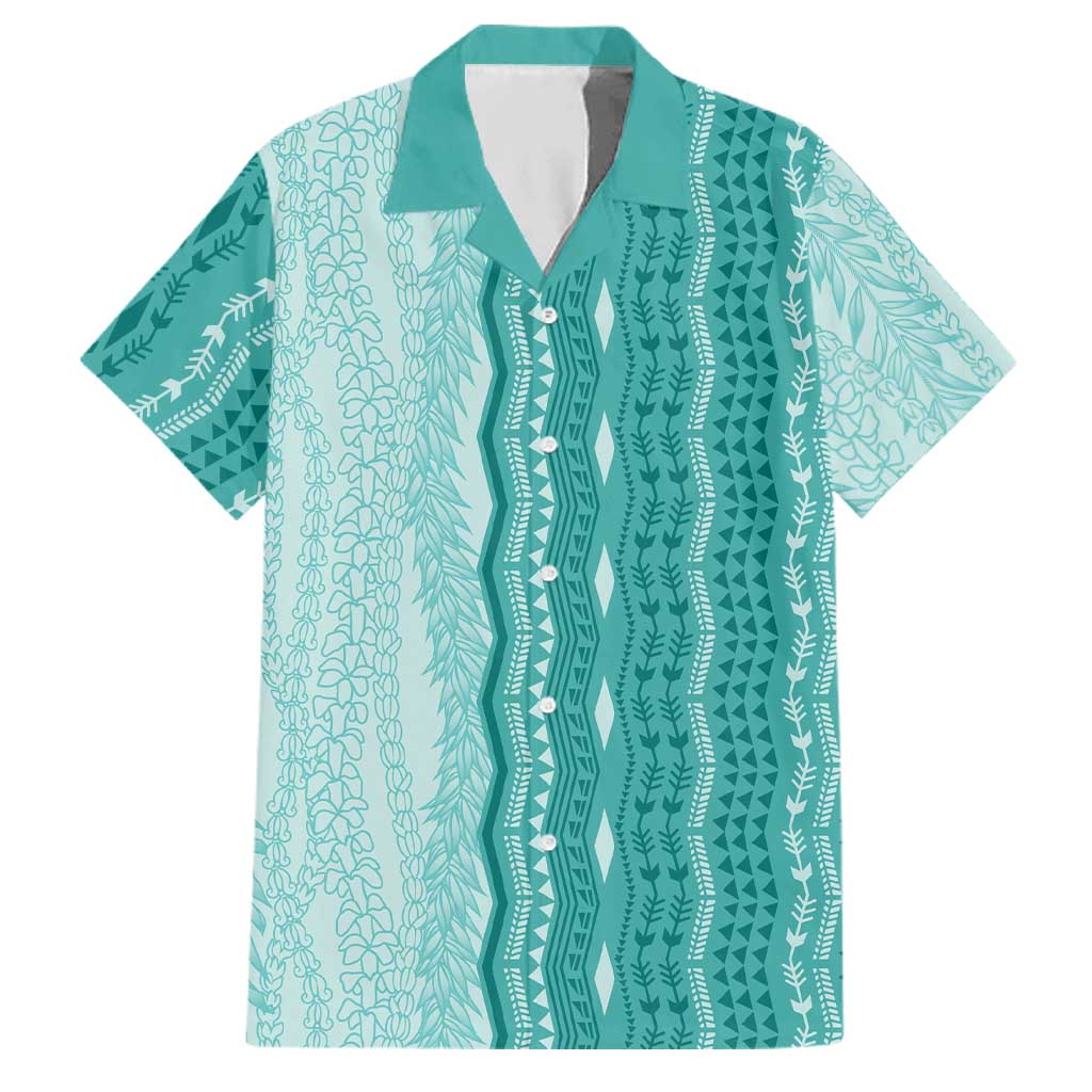 Vintage Teal Hawaiian Traditional Kapa Mix Flowers Lei Family Matching Summer Maxi Dress and Hawaiian Shirt LT7 Dad's Shirt - Short Sleeve Teal - Polynesian Pride