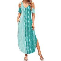 Vintage Teal Hawaiian Traditional Kapa Mix Flowers Lei Family Matching Summer Maxi Dress and Hawaiian Shirt LT7 Mom's Dress Teal - Polynesian Pride