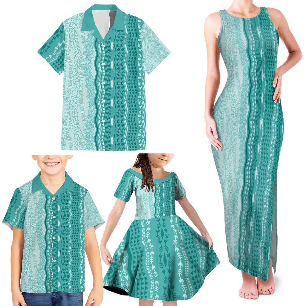 Vintage Teal Hawaiian Traditional Kapa Mix Flowers Lei Family Matching Tank Maxi Dress and Hawaiian Shirt