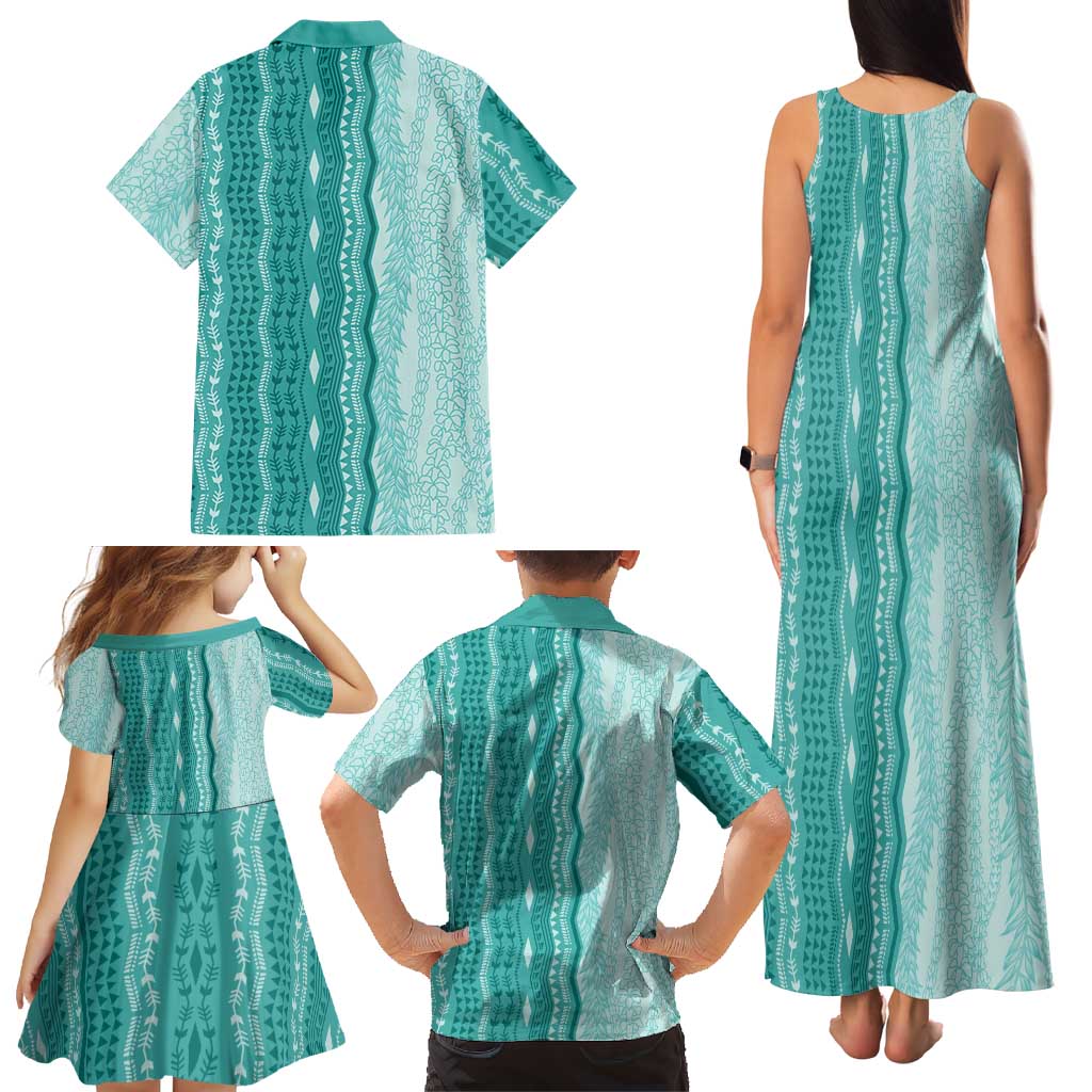 Vintage Teal Hawaiian Traditional Kapa Mix Flowers Lei Family Matching Tank Maxi Dress and Hawaiian Shirt LT7 - Polynesian Pride