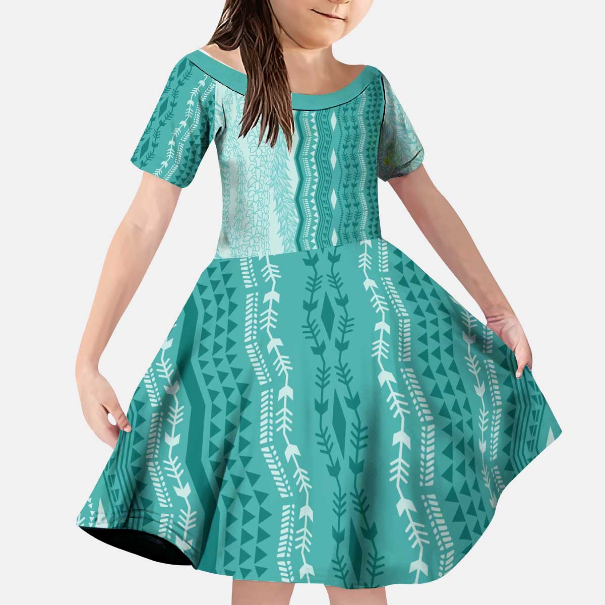 Vintage Teal Hawaiian Traditional Kapa Mix Flowers Lei Kid Short Sleeve Dress