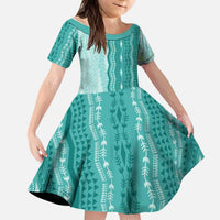 Vintage Teal Hawaiian Traditional Kapa Mix Flowers Lei Kid Short Sleeve Dress