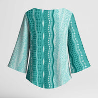 Vintage Teal Hawaiian Traditional Kapa Mix Flowers Lei Kimono Sleeve Blouse