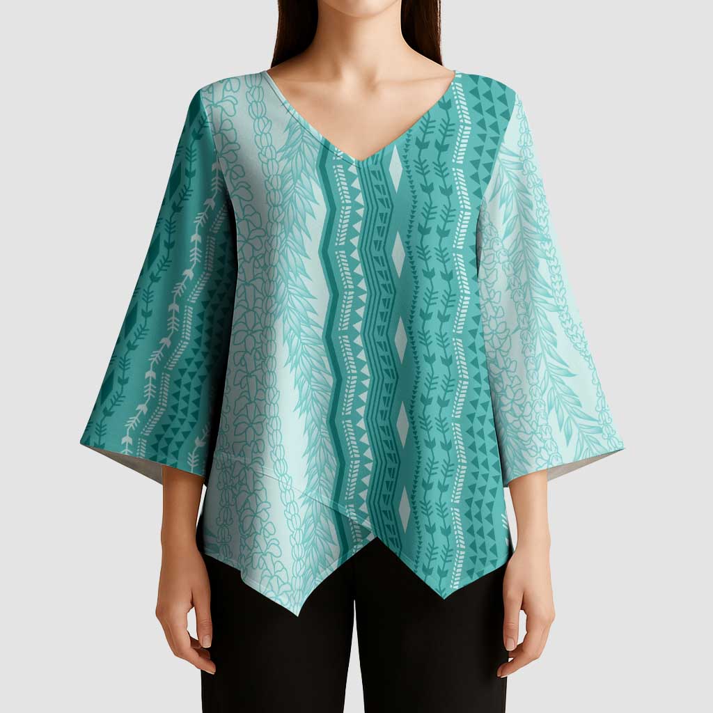 Vintage Teal Hawaiian Traditional Kapa Mix Flowers Lei Kimono Sleeve Blouse
