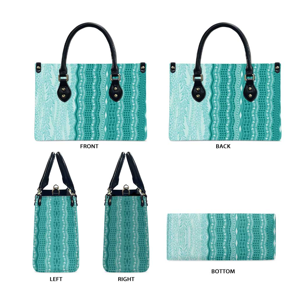 Vintage Teal Hawaiian Traditional Kapa Mix Flowers Lei Leather Bag