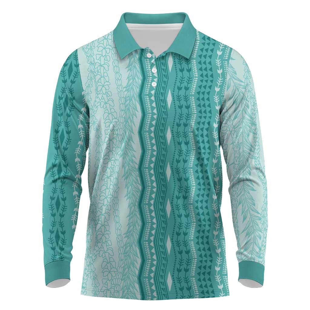 Vintage Teal Hawaiian Traditional Kapa Mix Flowers Lei Long Sleeve Polo Shirt