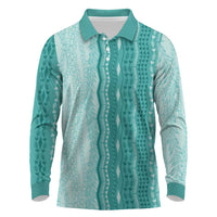 Vintage Teal Hawaiian Traditional Kapa Mix Flowers Lei Long Sleeve Polo Shirt