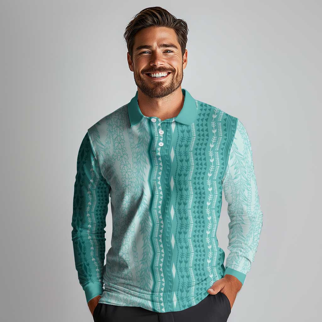 Vintage Teal Hawaiian Traditional Kapa Mix Flowers Lei Long Sleeve Polo Shirt