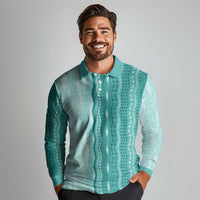 Vintage Teal Hawaiian Traditional Kapa Mix Flowers Lei Long Sleeve Polo Shirt
