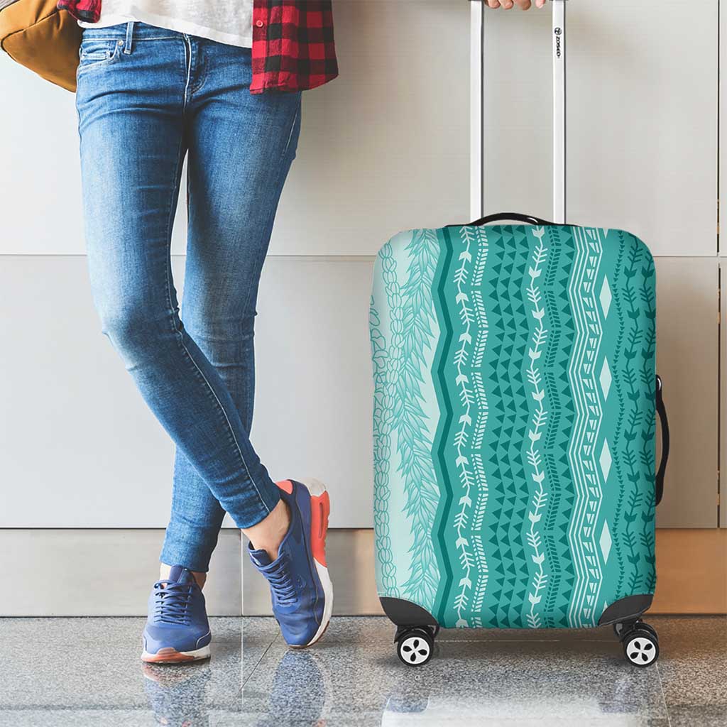 Vintage Teal Hawaiian Traditional Kapa Mix Flowers Lei Luggage Cover