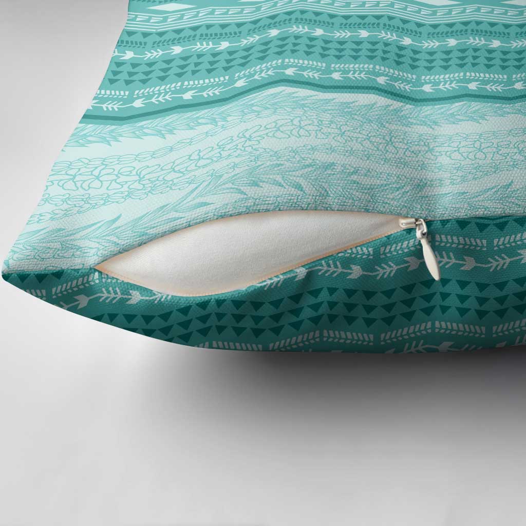 Vintage Teal Hawaiian Traditional Kapa Mix Flowers Lei Pillow Cover