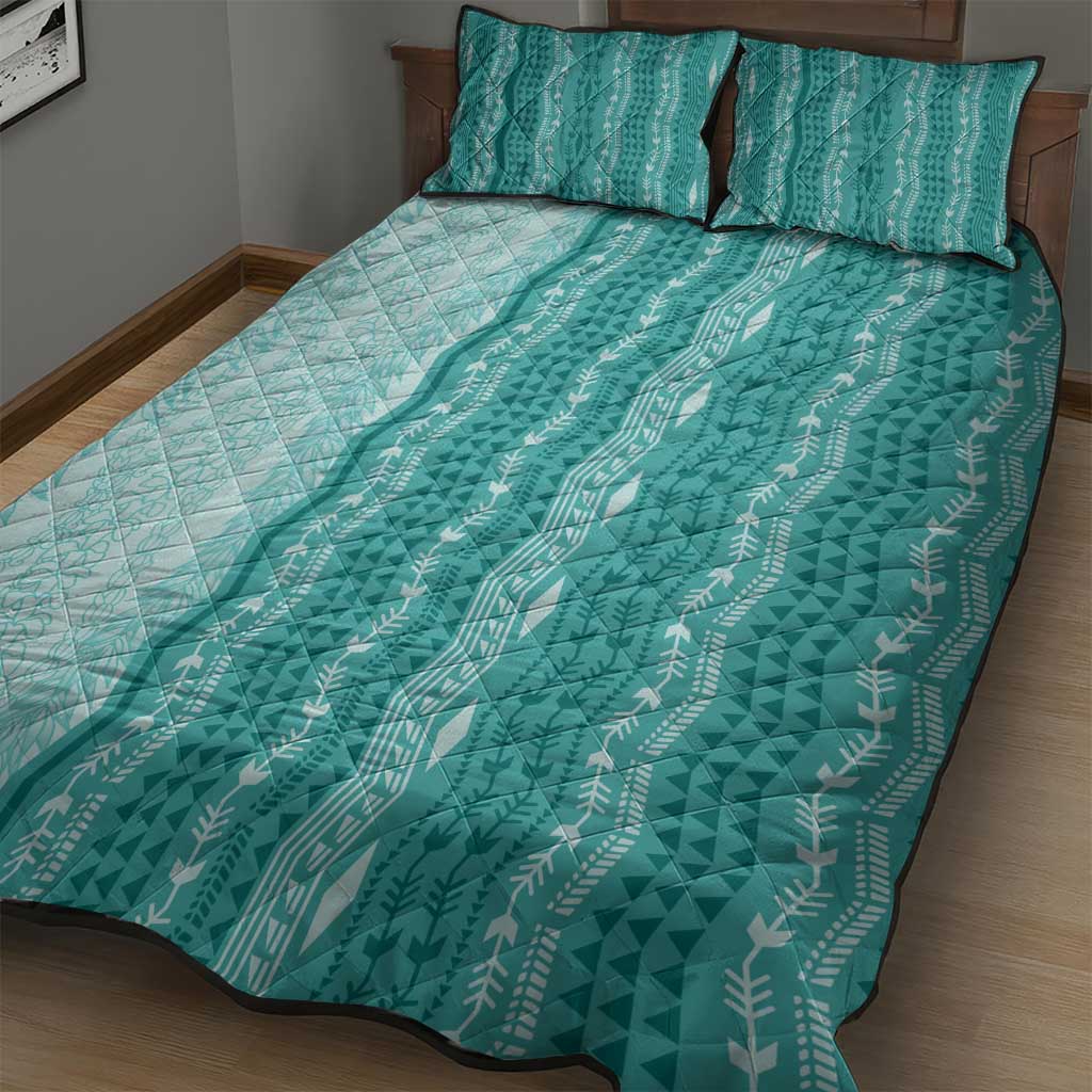 Vintage Teal Hawaiian Traditional Kapa Mix Flowers Lei Quilt Bed Set