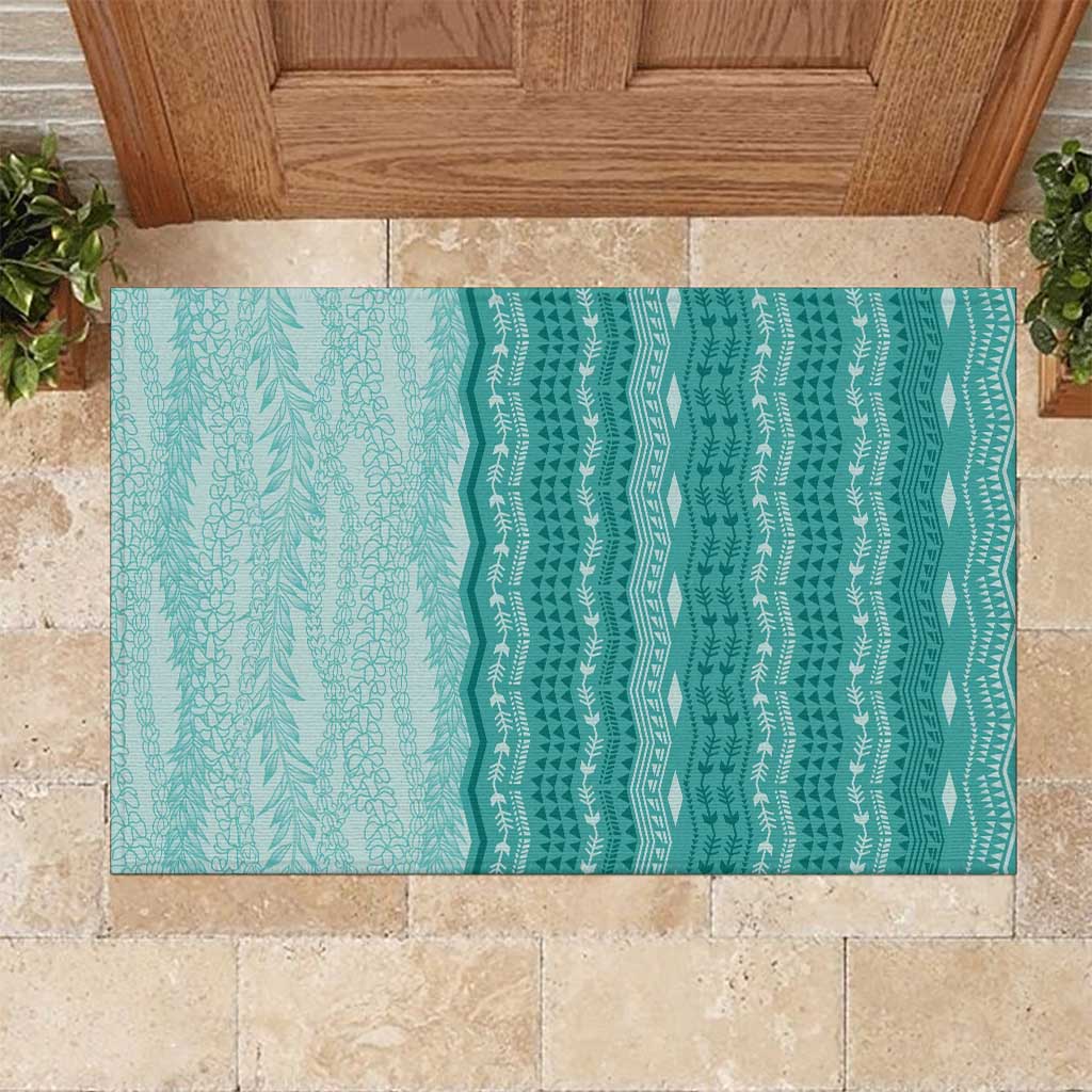 Vintage Teal Hawaiian Traditional Kapa Mix Flowers Lei Rubber Doormat