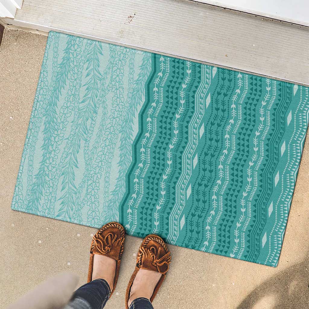 Vintage Teal Hawaiian Traditional Kapa Mix Flowers Lei Rubber Doormat