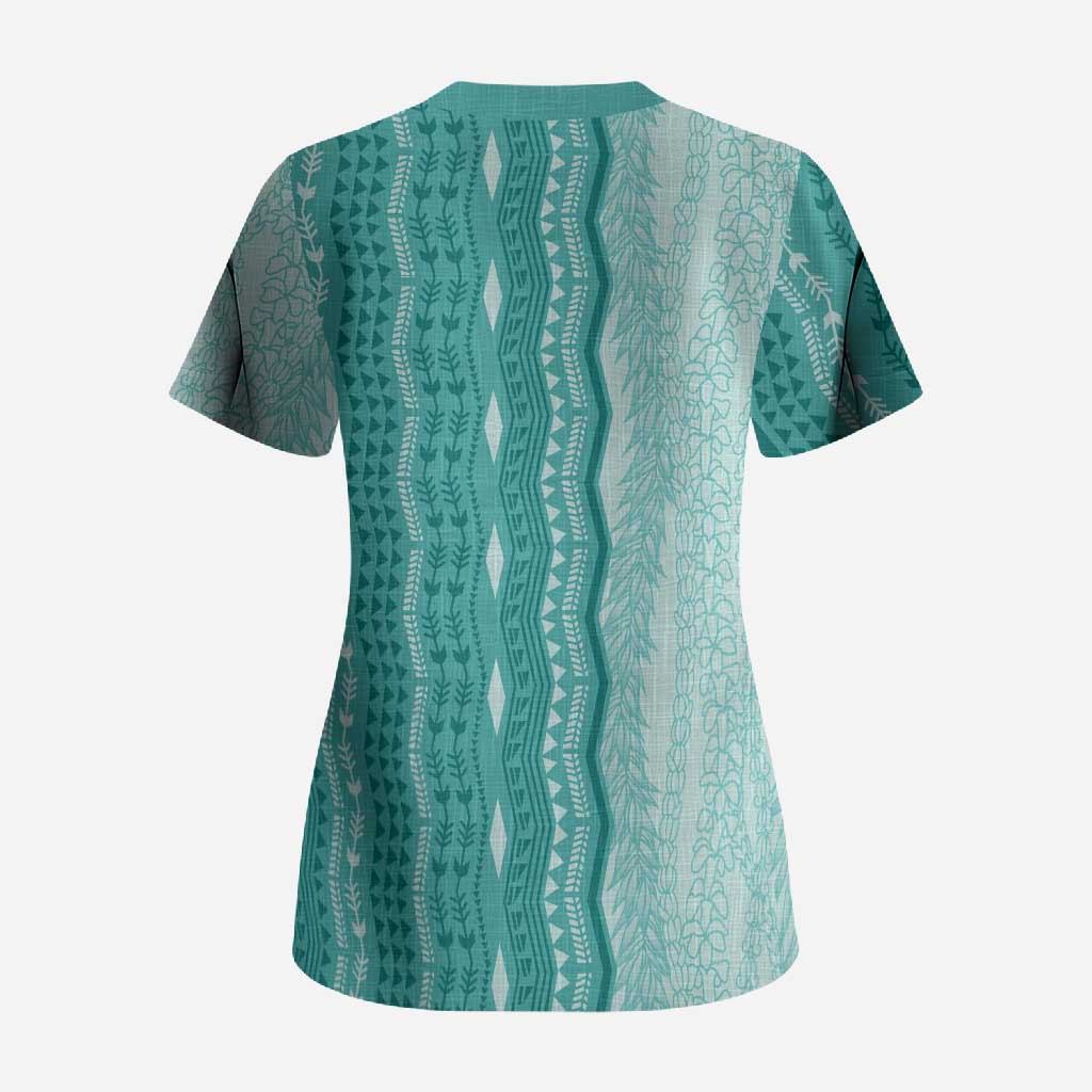 Vintage Teal Hawaiian Traditional Kapa Mix Flowers Lei Scrub Top