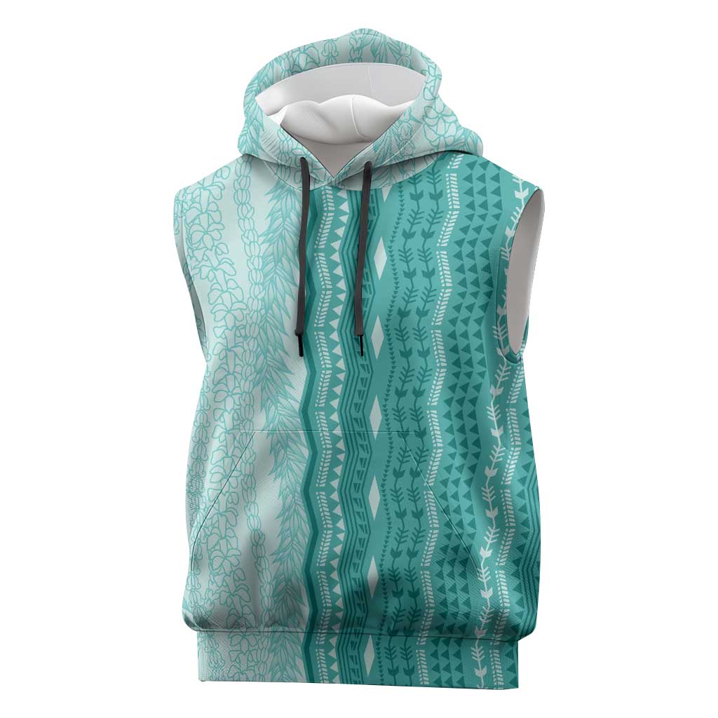 Vintage Teal Hawaiian Traditional Kapa Mix Flowers Lei Sleeveless Hoodie