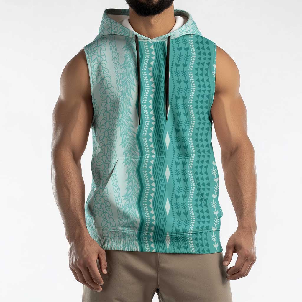Vintage Teal Hawaiian Traditional Kapa Mix Flowers Lei Sleeveless Hoodie