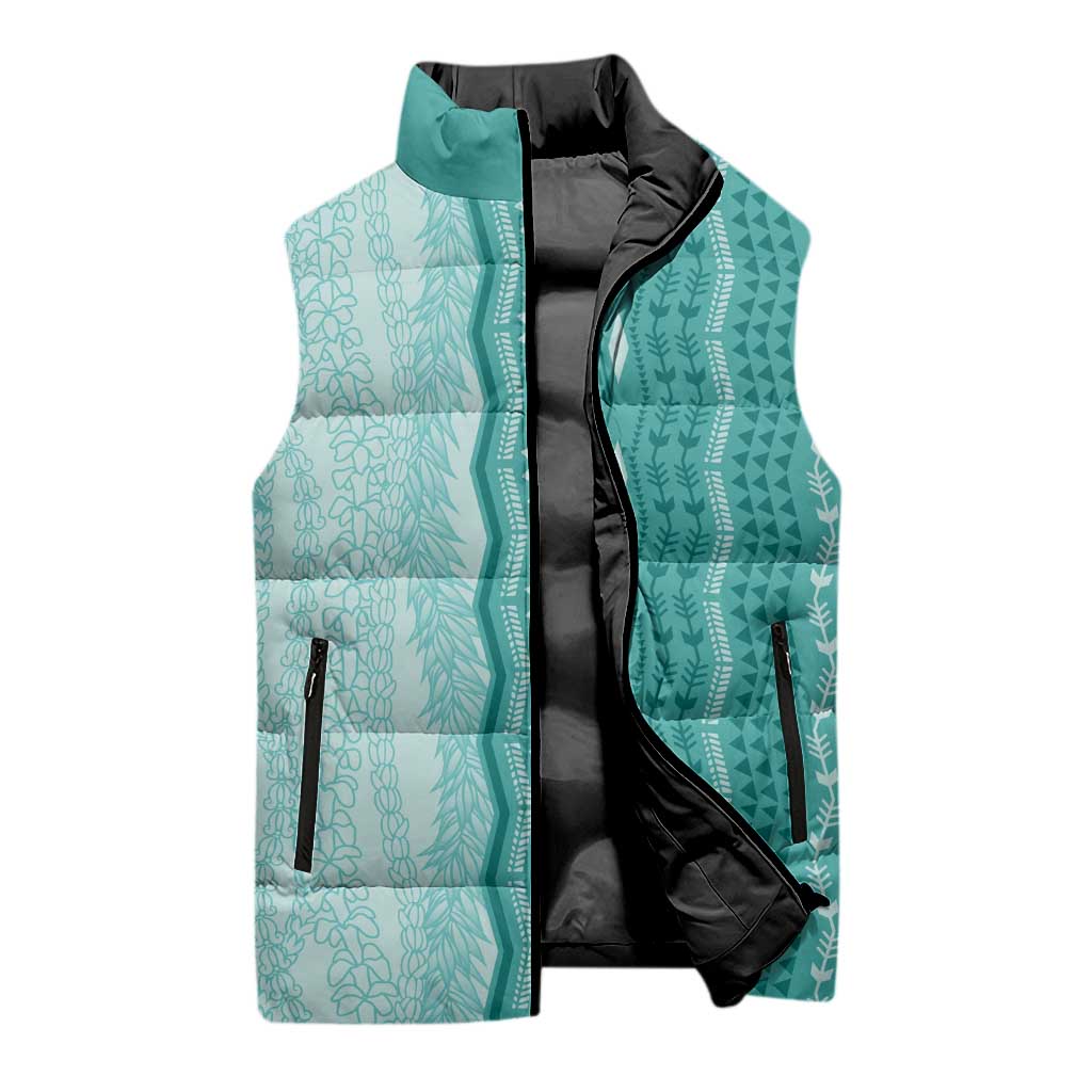 Vintage Teal Hawaiian Traditional Kapa Mix Flowers Lei Sleeveless Puffer Jacket