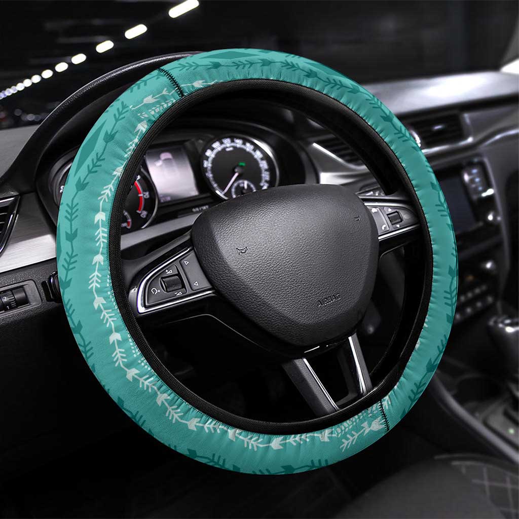 Vintage Teal Hawaiian Traditional Kapa Mix Flowers Lei Steering Wheel Cover